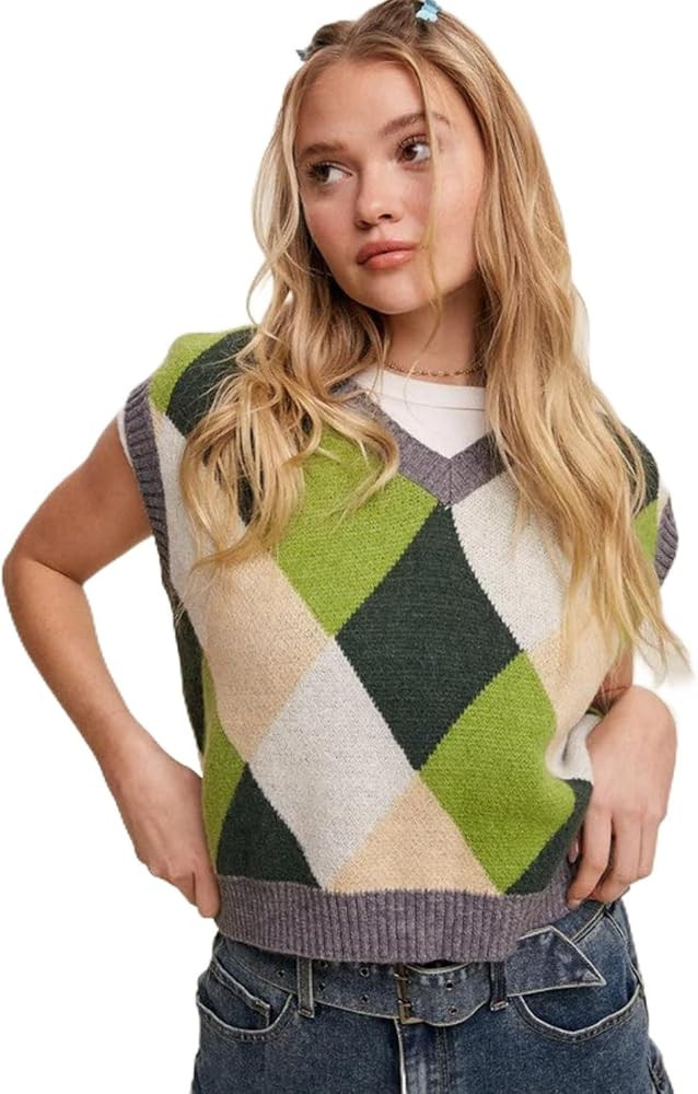 Argyle Cropped Sweater Vest Green Multi L | Amazon (US)