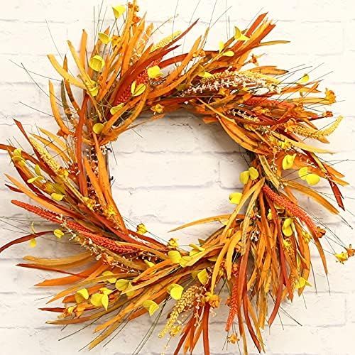 LOHASBEE Artificial Fall Harvest Wreath, 24" Autumn Wreath with Orange Ear of Wheats & Yellow Flo... | Amazon (US)