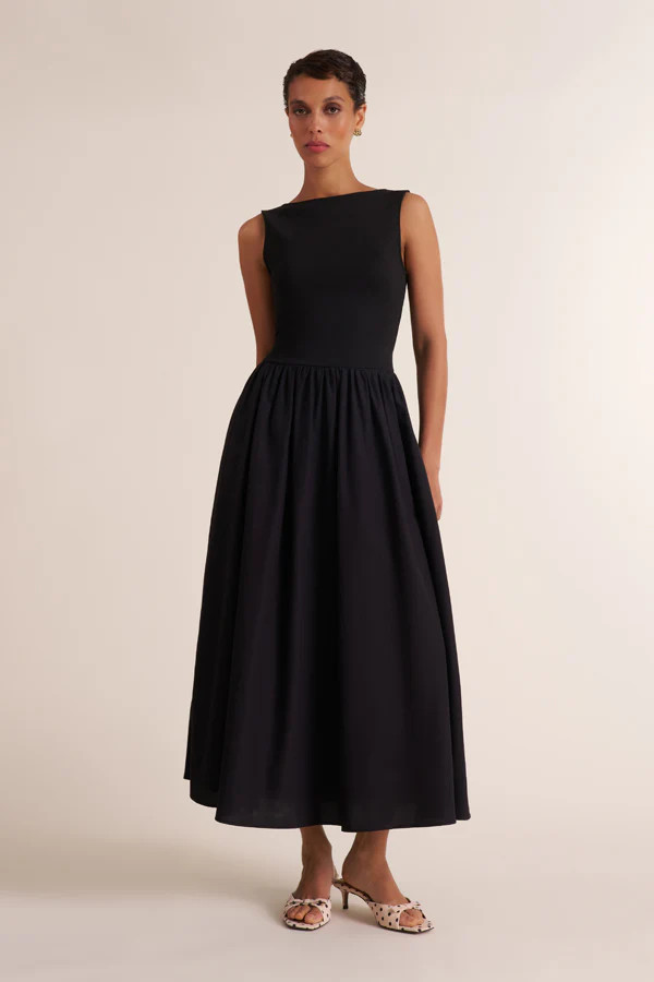 Beatrice Look Back Dress - Mixed Media Poplin :: Black | MM LaFleur