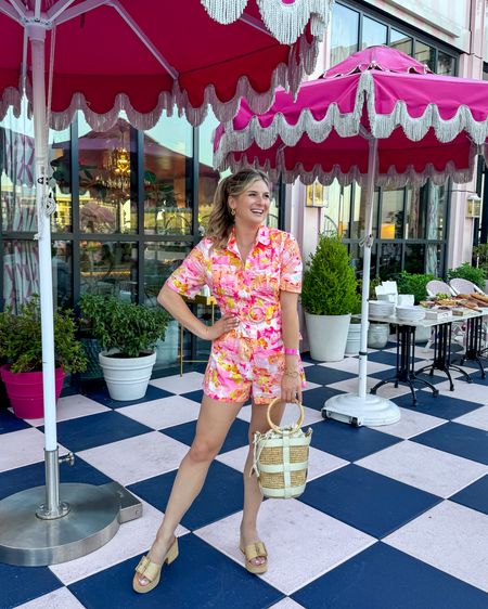 Petal and pup discount code annab20 

Pink romper pink jumpsuit shirtsleeve belted summer outfit - runs very small, wearing a M and still a little tight in shoulders I could have done a large 

Dolce vita rattan heels 

#LTKFindsUnder100 #LTKStyleTip