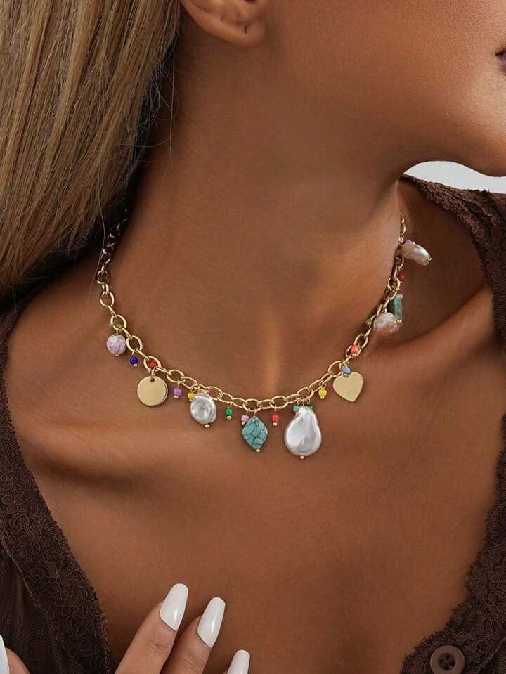 1pc Fashionable Colored Natural Stone, Rice Bead & Shell Pendant, Versatile Women's Geometric Nec... | SHEIN