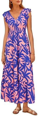 PRETTYGARDEN Women's Summer Flowy Maxi Dress Casual Cap Sleeve V Neck Smocked Beach Sundress | Amazon (US)