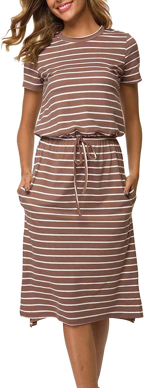 Simier Fariry Womens Adjustable Waistline Midi Dress with Pockets | Amazon (US)