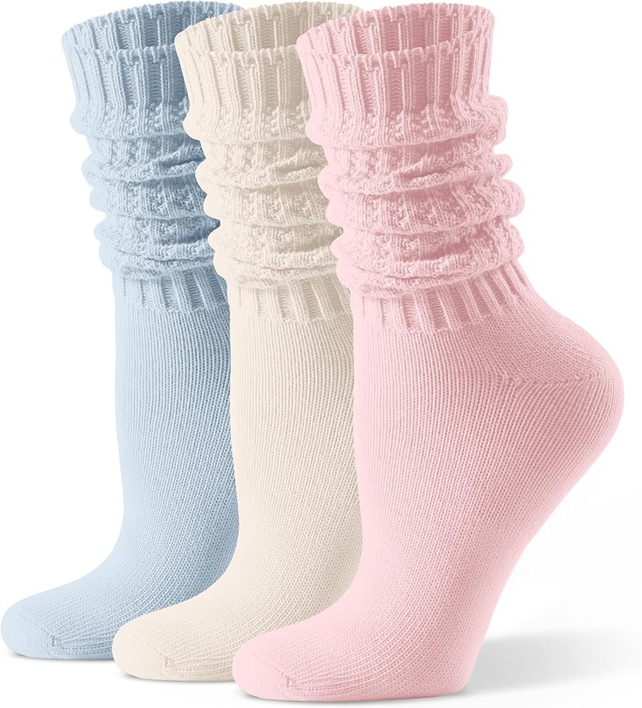 CS CELERSPORT Women's Slouch Crew Socks Scrunch Cozy Cotton Calf Tube Socks 3 Pairs | Amazon (US)