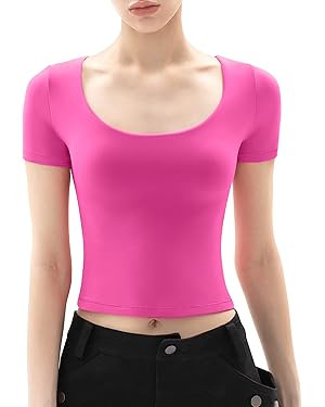 PUMIEY Women's Scoop Neck Short Sleeve T Shirt Slim Fit Sexy Tops Smoke Cloud Collection | Amazon (US)