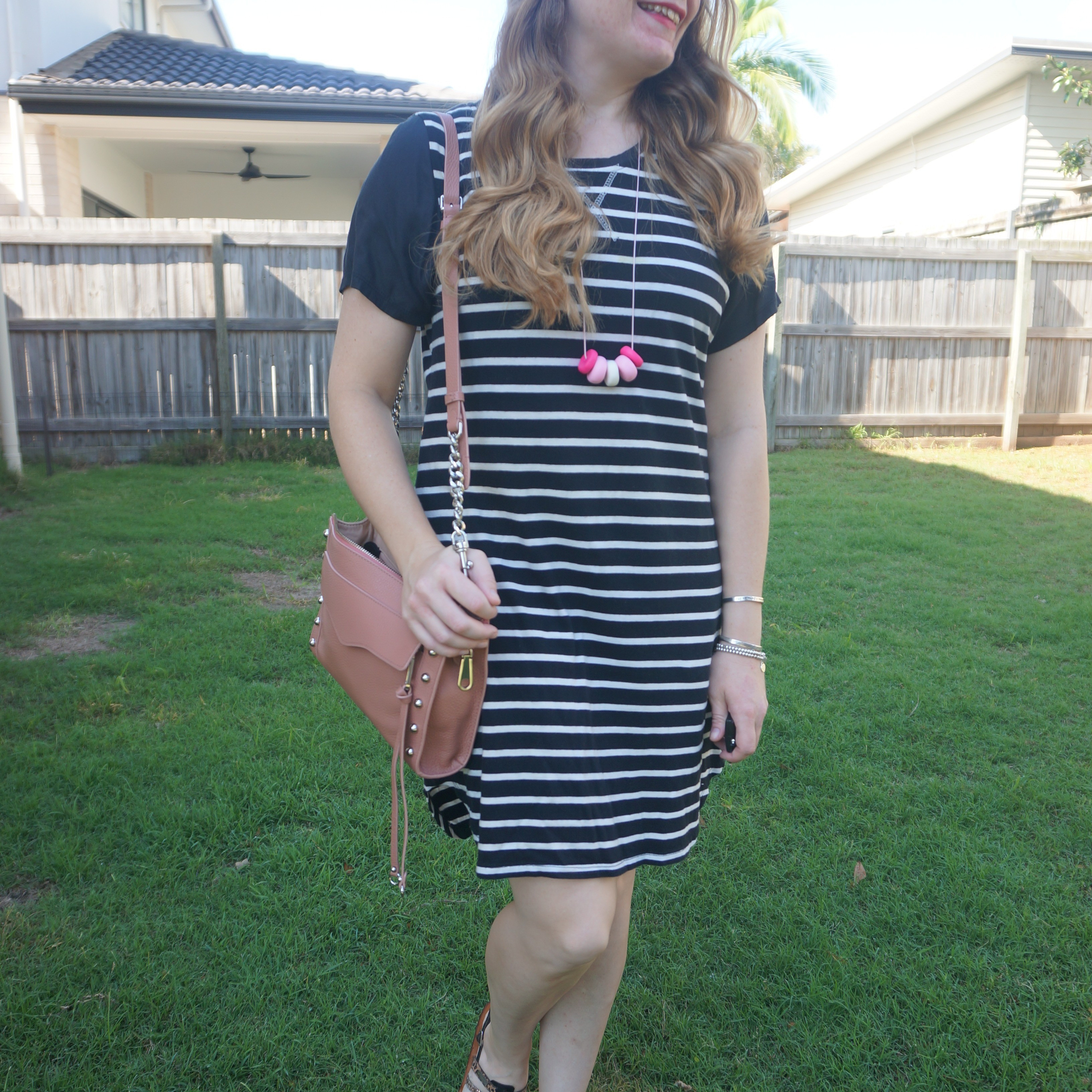 All About Eve black and white striped shift dress with pink handmade necklace and Rebecca Minkoff studded MAB crossbody bag 💕

#LTKbag #LTKaustralia #LTKsummer