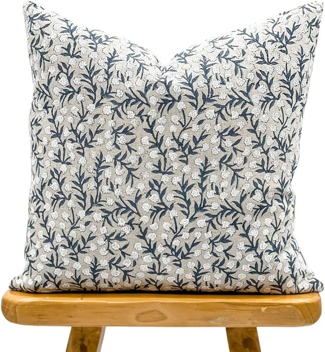 Designer Floral Print on Natural Linen Pillow Cover, Indigo Blue and White Pillow Cover, Boho Pillow, Floral Throw Pillow Cover | Amazon (US)