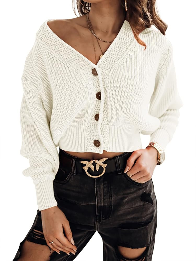 Febriajuce Women's Long Sleeve V-Neck Button Down Rib Knit Cropped Cardigan Sweater | Amazon (US)