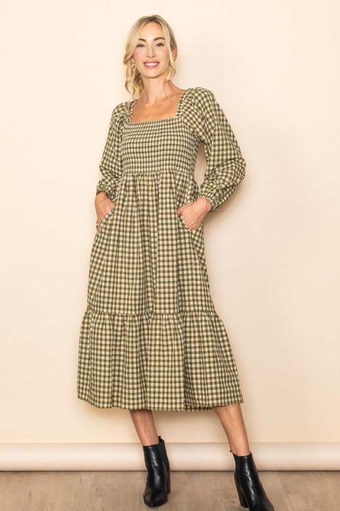 Olive Gingham Long Sleeve Midi Dress | PinkBlush Maternity
