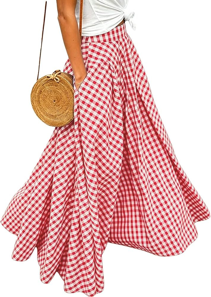 HOUZONIY Womens Plaid Gingham Maxi Skirt Elastic Waist Pleated Flared A Line Swing Summer Pull On... | Amazon (US)