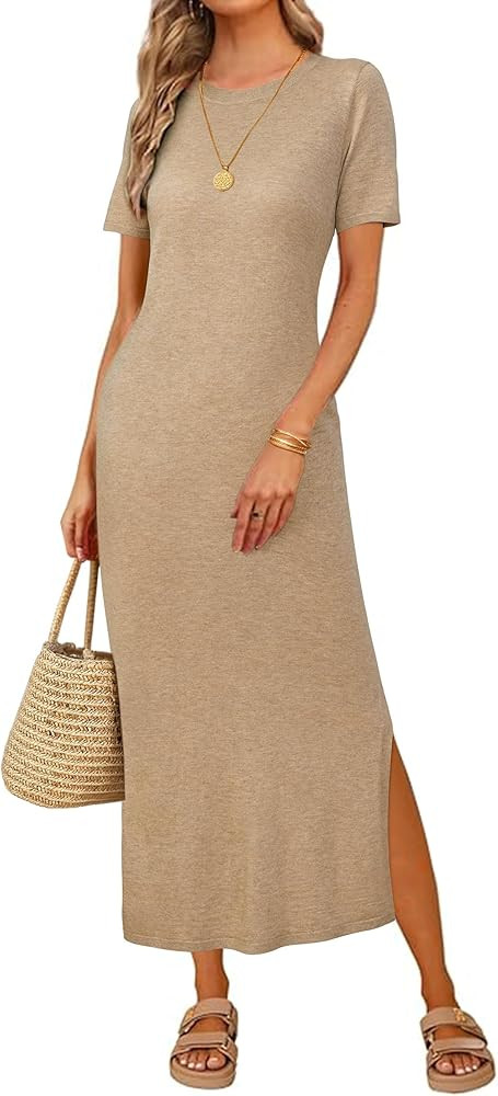 Arach&Cloz Womens Summer Casual Short Sleeve Crew Neck Wool Blend T Shirt Split Maxi Long Dress 2... | Amazon (US)