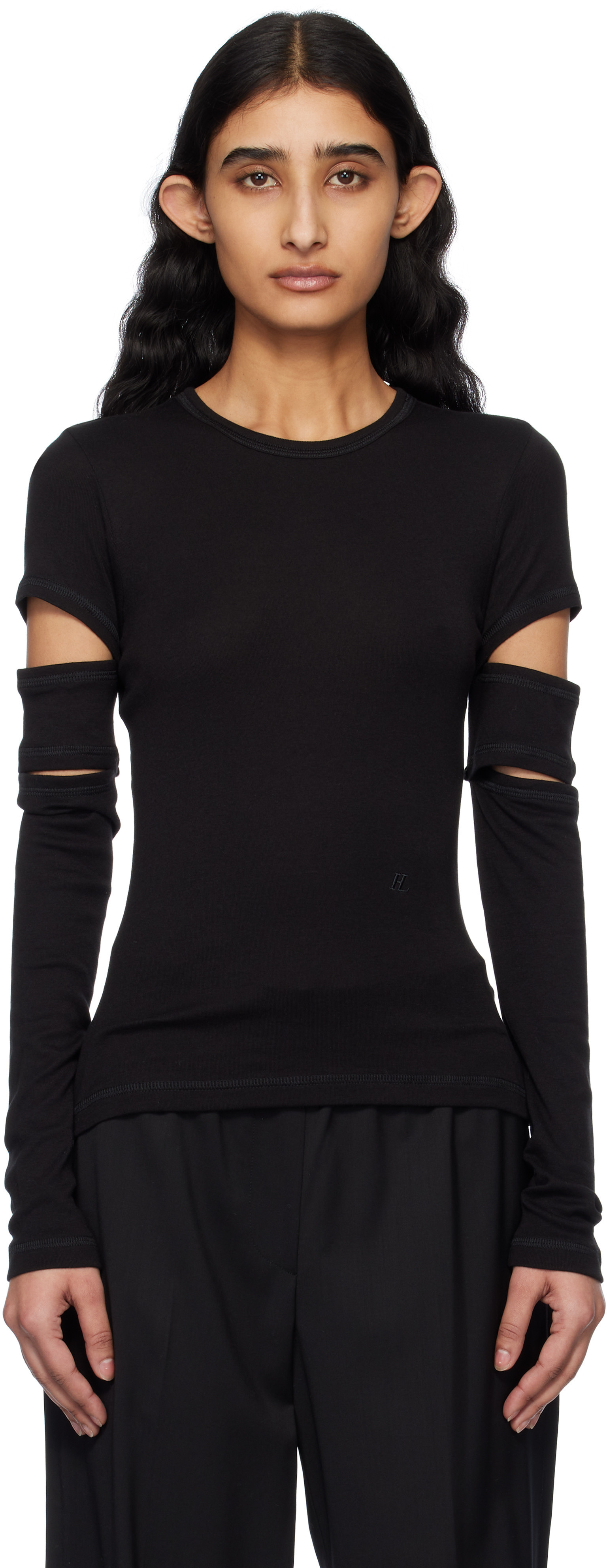 Helmut Lang Black Slashed Long-Sleeved T-shirt | SSENSE