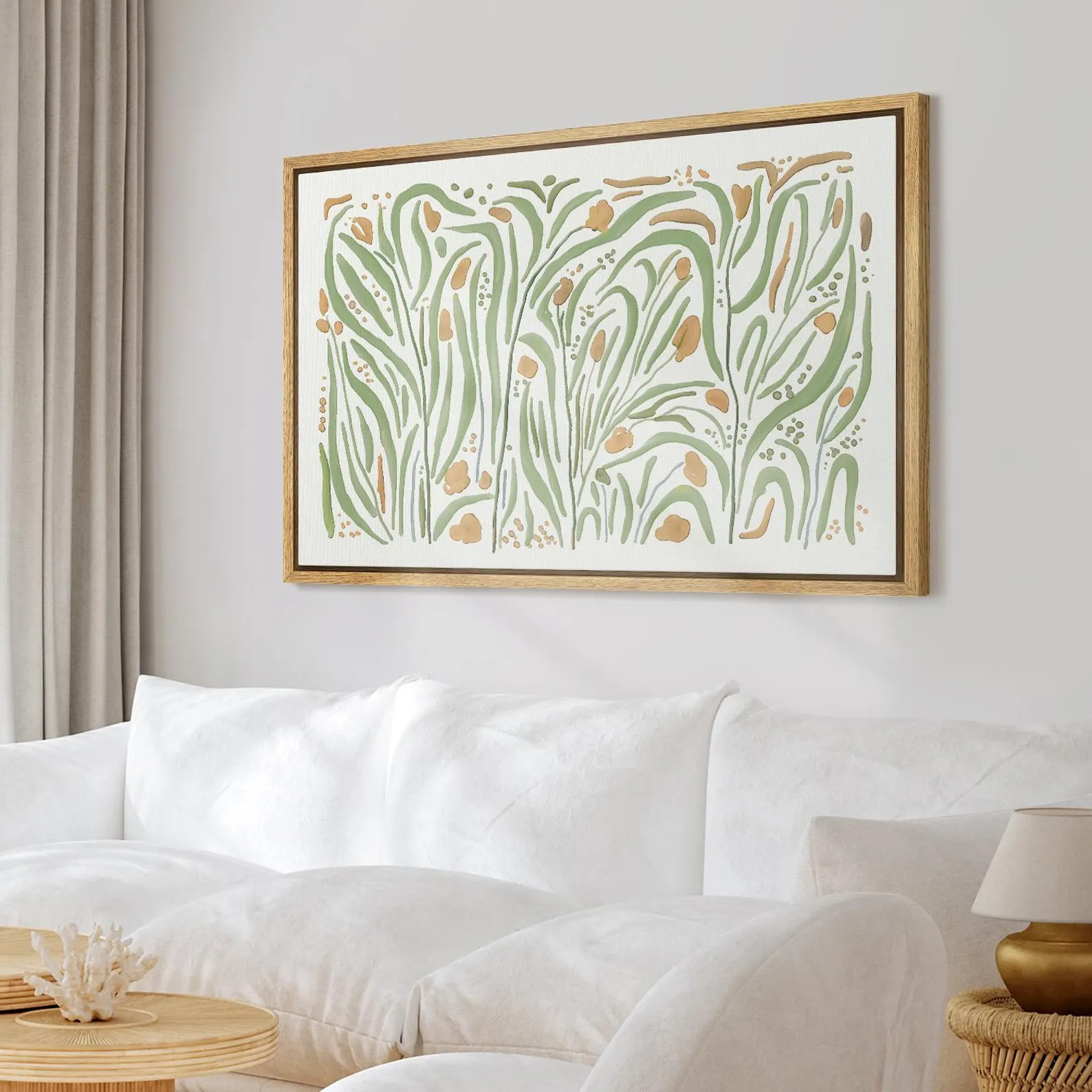 Wildflower Wall Art - Framed Abstract Botanical Canvas Print, Minimalist Green & Orange Floral De... | Etsy (Global)