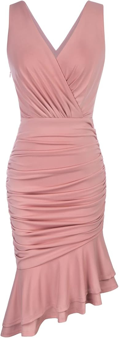 GRACE KARIN Women's Ruched Bodycon Dress 2023 Summer Sleeveless Wrap V-Neck Ruffle Hem Party Cock... | Amazon (US)
