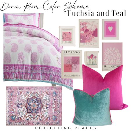 This fuchsia and teal color palette will infuse your college dorm room with a vibrant burst of color! This pretty combination exudes freshness and energy! It’s full of classic details, but with a modern twist that will reflect your bold and playful personality. Pottery Barn Teen pink block print duvet cover, Etsy art prints, fuchsia area rug.

#LTKhome #LTKBacktoSchool