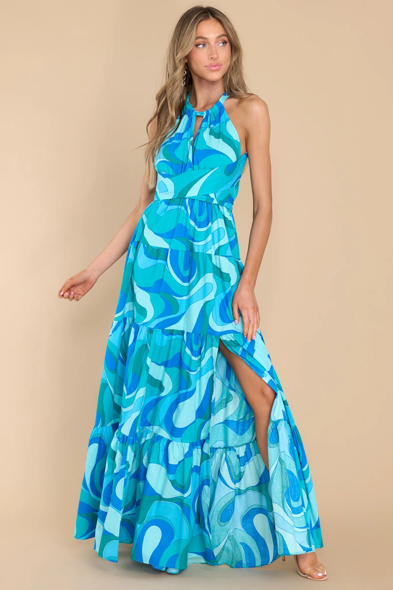 Depths Of Beauty Blue Print Maxi Dress | Red Dress 