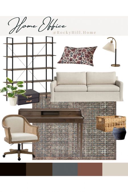 Home Office Design with Sofa, woven desk chair, shelving and storage 

#LTKsalealert #LTKhome #LTKstyletip