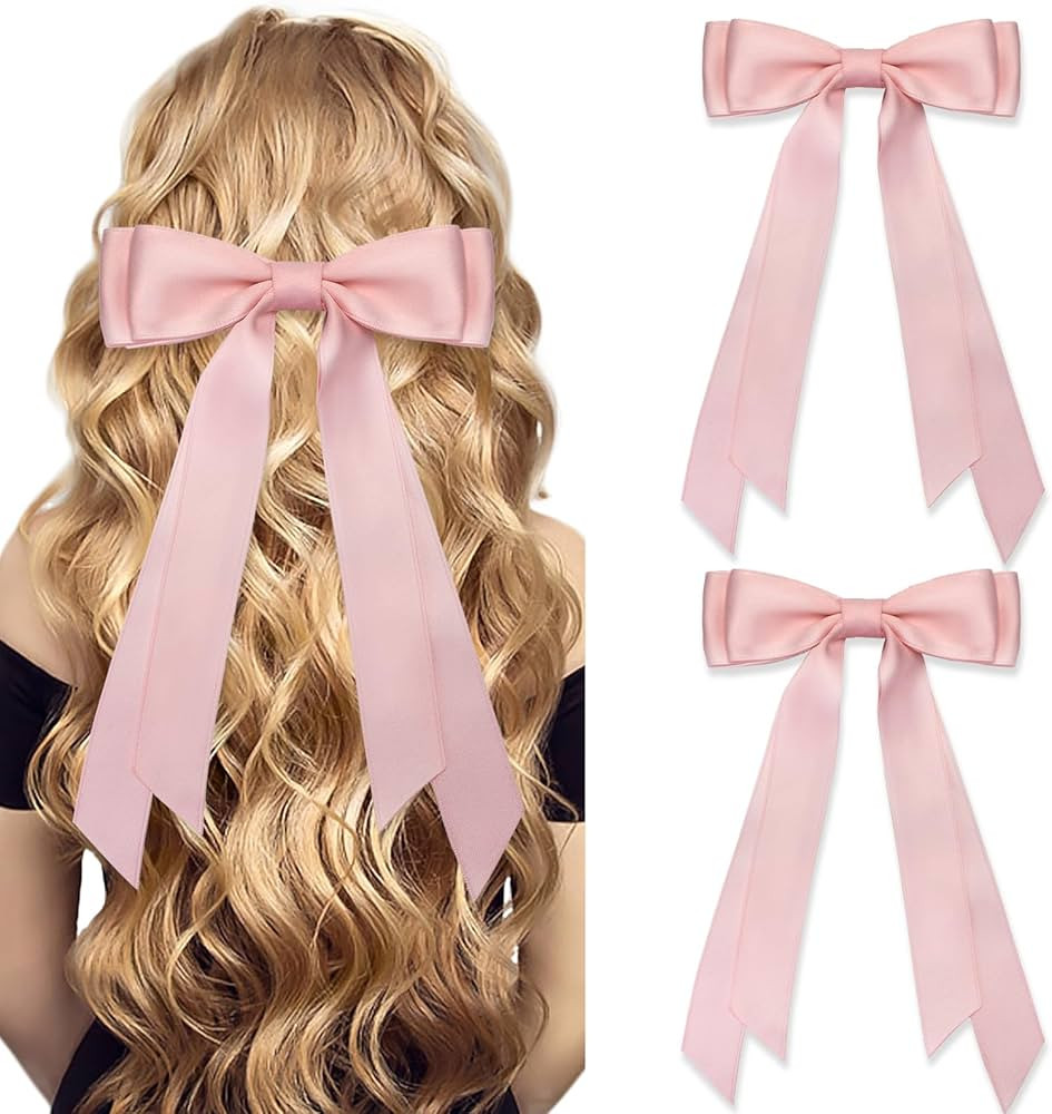 2PC Pink Silky Satin Hair Bows for women Hair Ribbon Bow for Women Hair Ribbons bow hair clips bo... | Amazon (US)