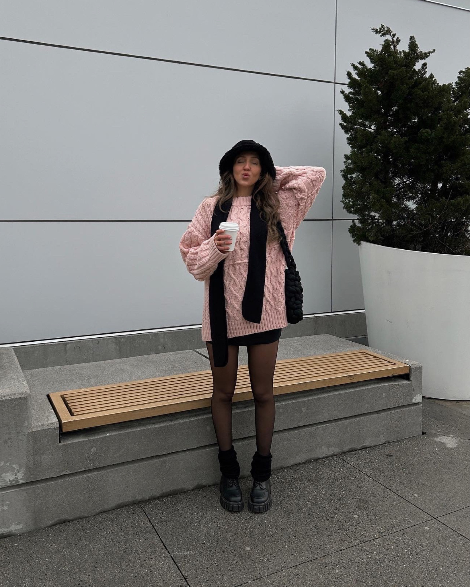 Leg warmers, fuzzy black bucket hat, pink oversized sweater, winter fashion, cozy outfit, comfy outfit, thin scarf