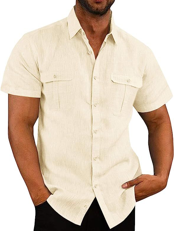 Pengfei Mens Short Sleeve Shirts Linen Cotton Button Down Tees Spread Collar Plain Shirts | Amazon (US)