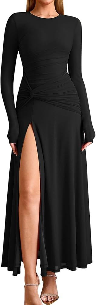 KUTUMAI Long Sleeve Slit Formal Dresses for Women 2025 Fall Wedding Guest Cocktail Party Modest R... | Amazon (US)