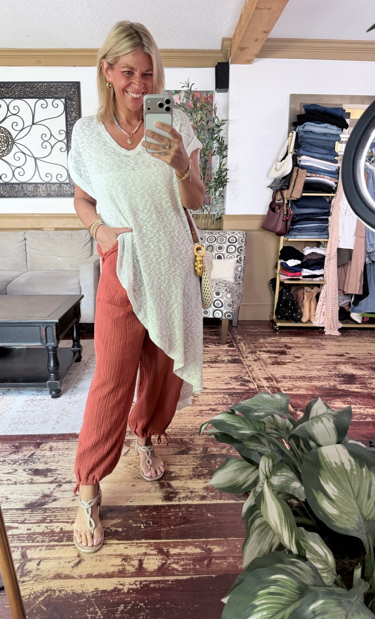 Easy summer outfit idea- lightweight pants and flowy asymmetrical top size medium in both.

#LTKOver40 #LTKMidsize #LTKootd