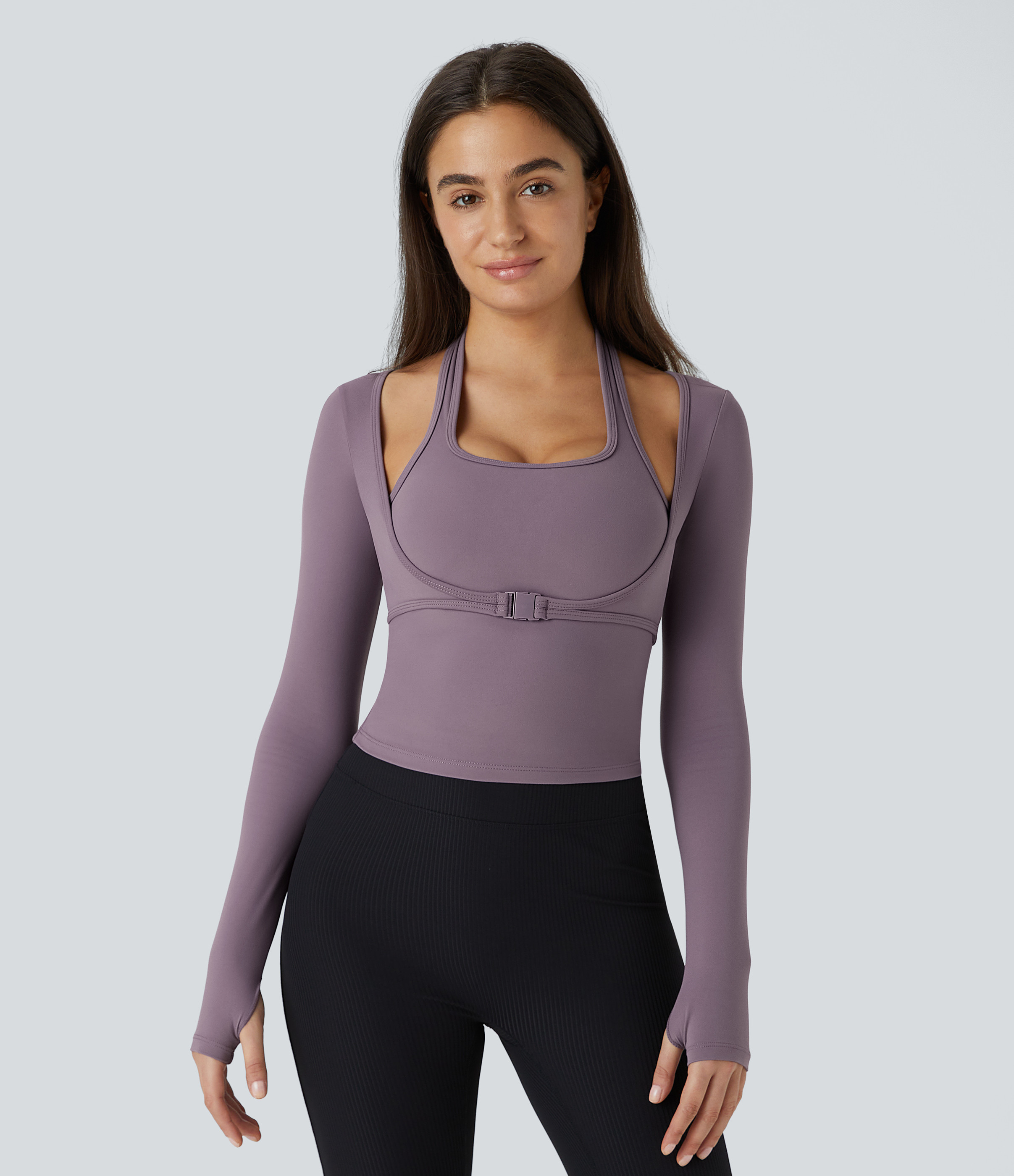 Halara SoftlyZero™ Plush Halter Thumb Hole Long Sleeve 2-in-1 Yoga Sports Top - Tulip Purple - XS(Long) | HALARA