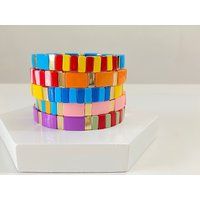 Colorful Enamel Tile Beads, Colorblock Bracelets, Trendy Tila, Stretch Bohemian Gift For Her | Etsy (US)