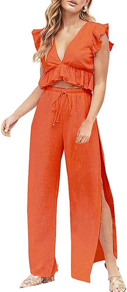 FANCYINN Womens 2 Pieces Outfits Deep V Neck Crop Top Side Slit Drawstring Wide Leg Pants Set Jum... | Amazon (US)
