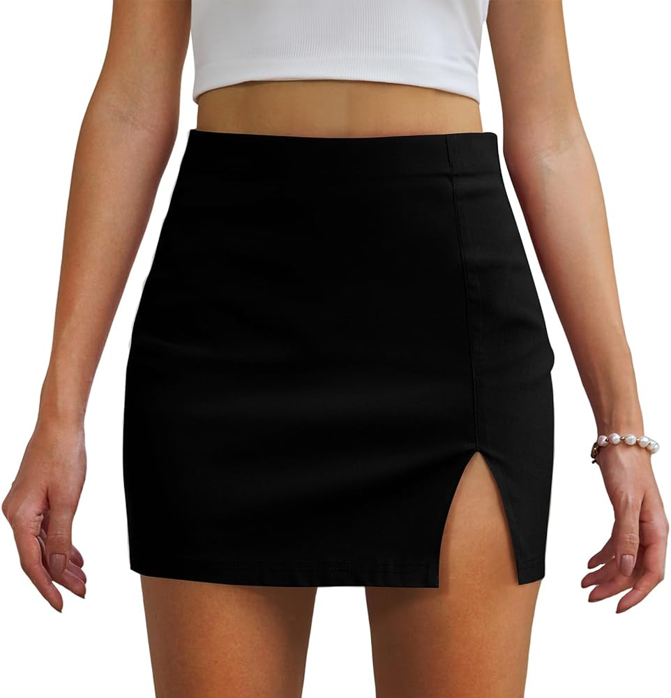 Black Mini Skirt High Waisted Y2K Bodycon Slit Stretchy Short Sexy Skirts for Women | Amazon (US)