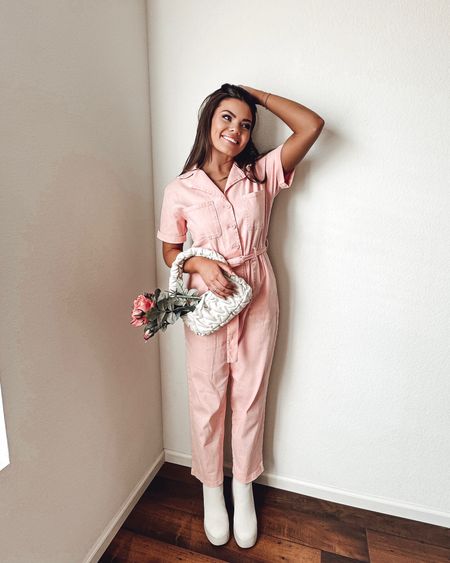 Pink utility jumpsuit for Valentine’s Day outfit! Paired with platform two tone boots and white shoulder bag 

#LTKshoecrush #LTKunder100 #LTKSeasonal