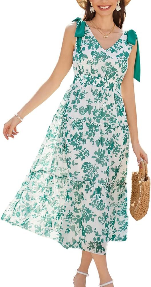 GRACE KARIN Floral Dress for Women Summer Casual Flowy Long V Neck Sundress Sleeveless Tiered Bea... | Amazon (US)