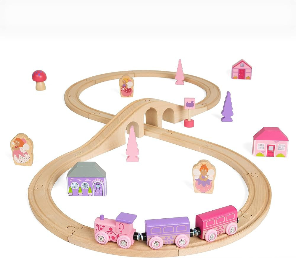 Bigjigs Rail Fairy Figure of Eight Train Set - 35pc Pink Wooden Railway, Toy Trains & Accessories... | Amazon (US)