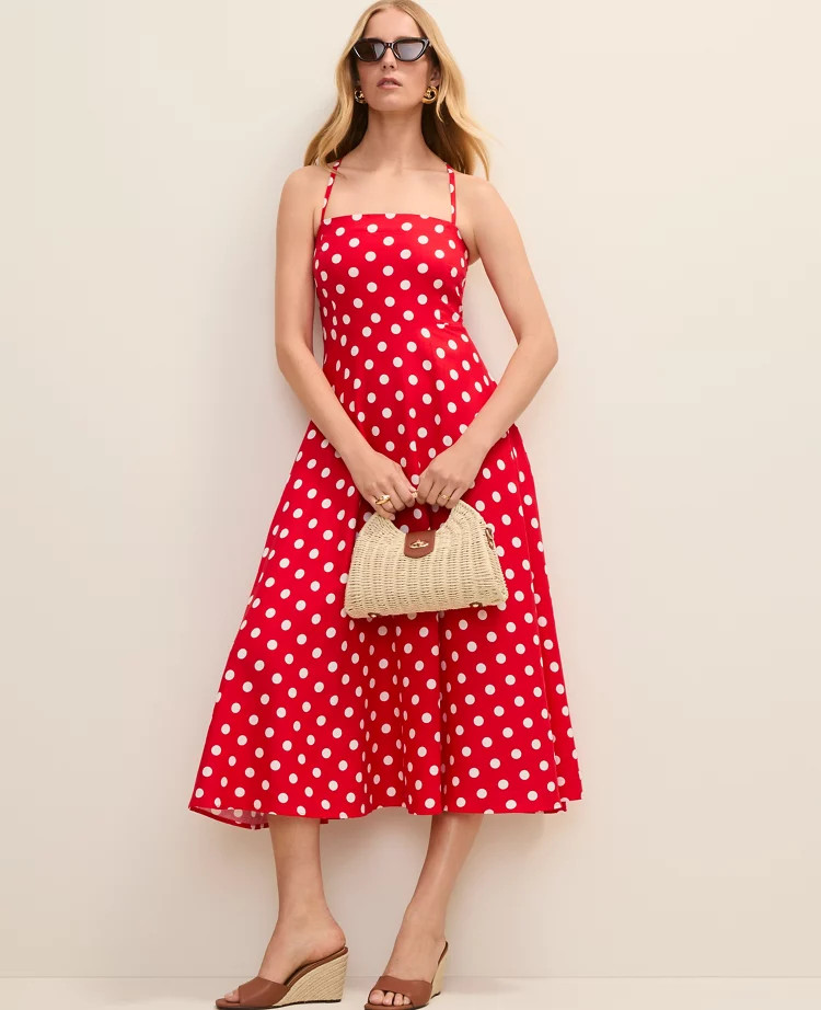 Polka Dot Midi Dress in Linen Blend | Ann Taylor