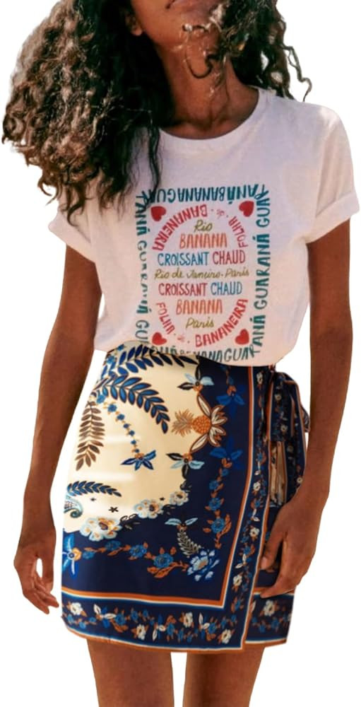 Womens Summer Floral Wrap Short Skirt Tie Side High Waist A Line Beach Vacation Boho Mini Skirt | Amazon (US)