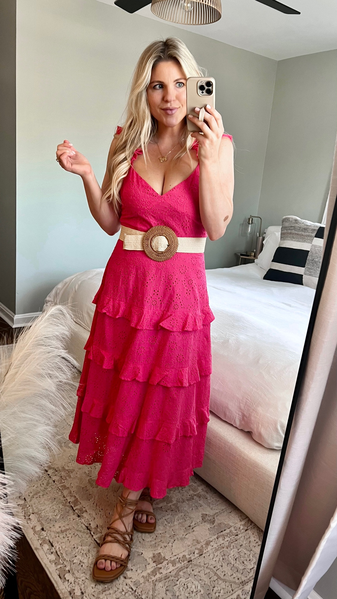 Hot pink eyelet tiered maxi dress from petal & pup