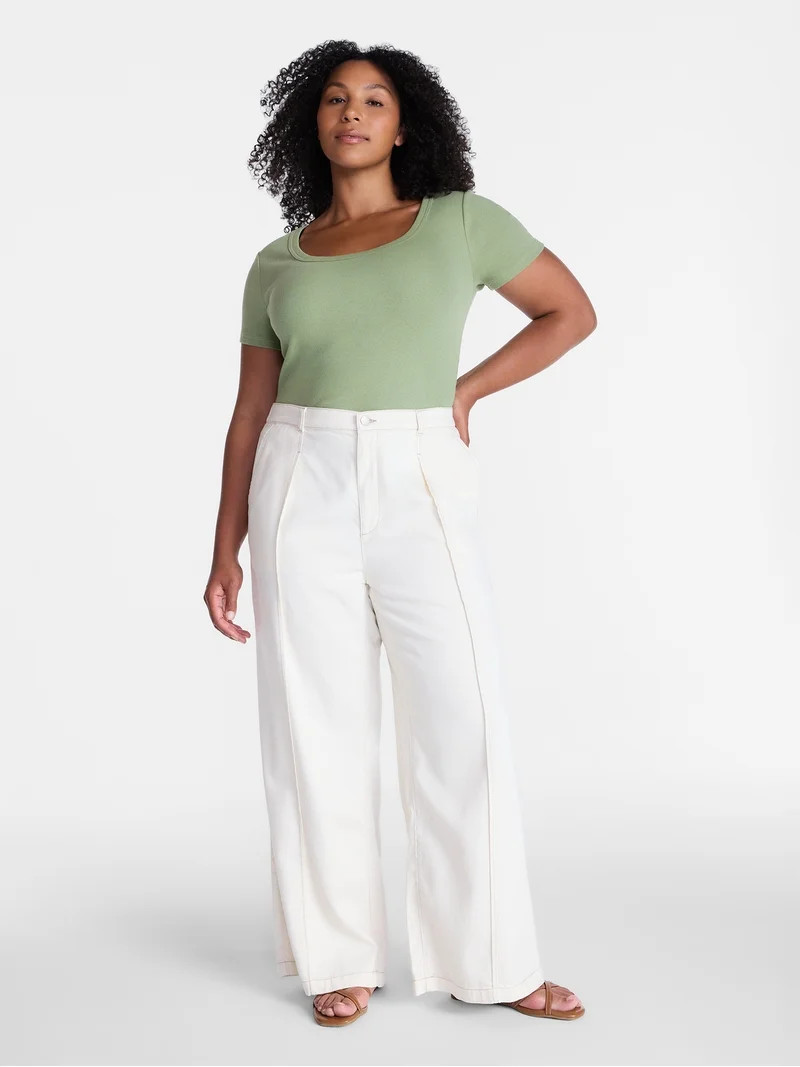 Time and Tru Women's High Rise Drapey Pleated Wide Leg Jeans, 30" Inseam, Sizes XS-XXXL - Walmart... | Walmart (US)