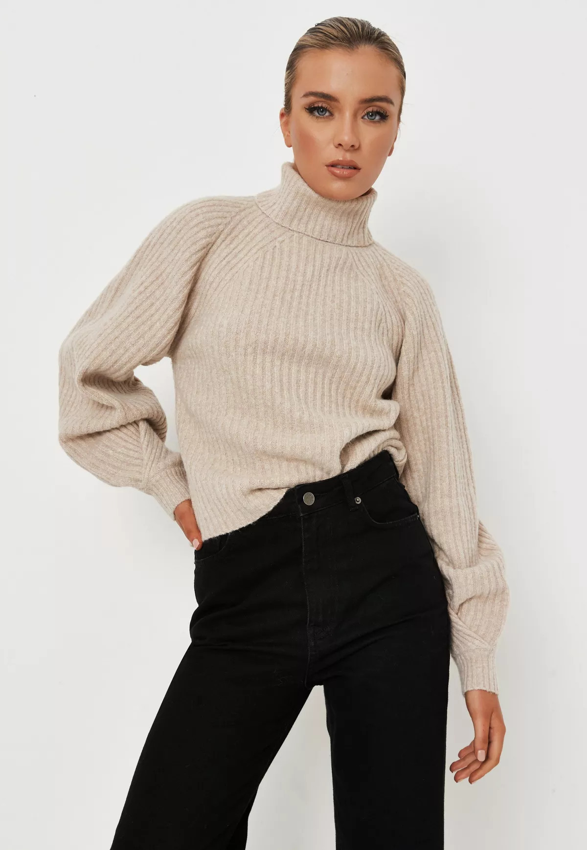 Recycled Stone Roll Neck Tuck Sleeve Knit Sweater | Missguided (US & CA)