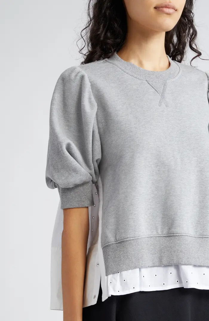 Puff Sleeve Eyelet Mixed Media Sweatshirt | Nordstrom