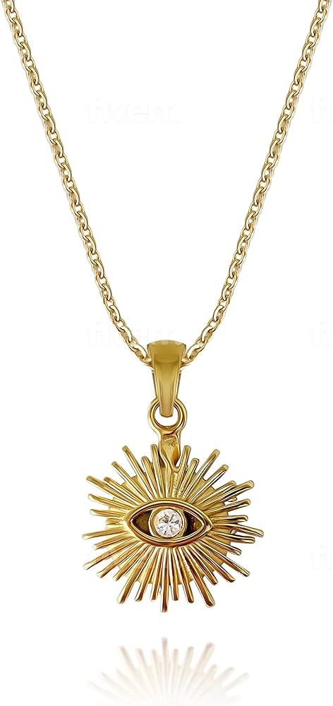 18K Gold Plated Evil Eye Zircon Sunburst Pendant Necklace Dainty Chain Jewelry for Women | Amazon (US)