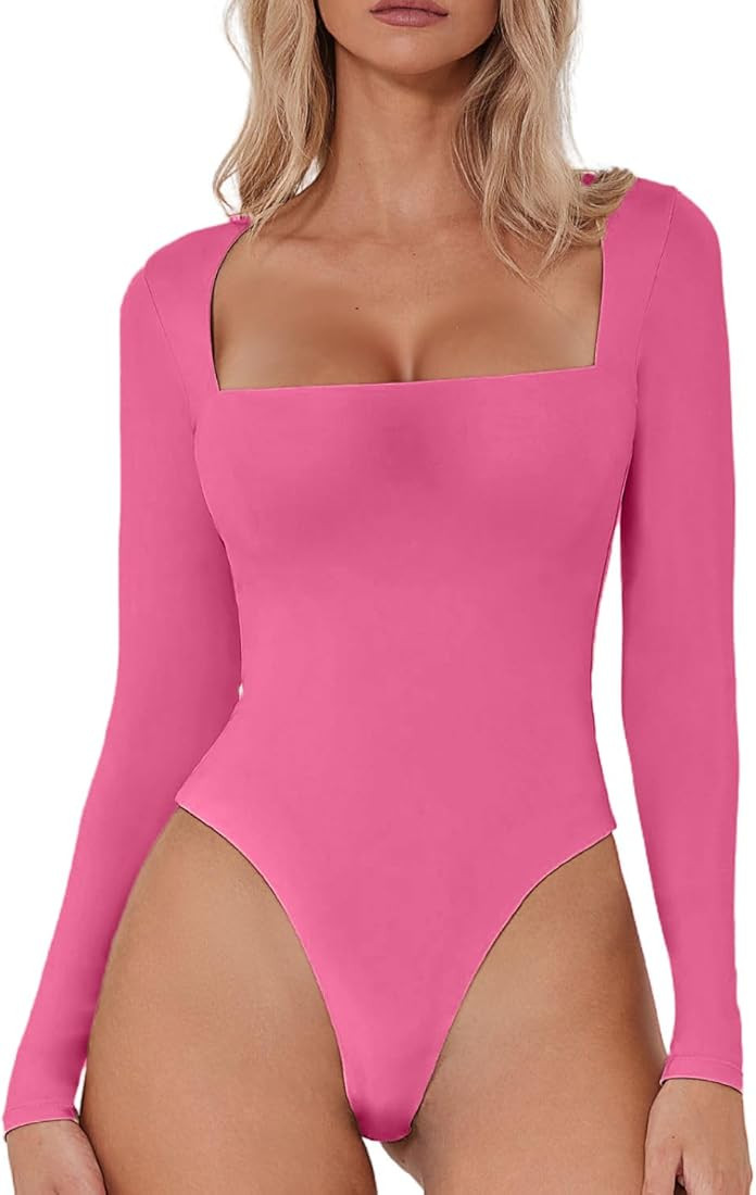 QINSEN Women's Sexy Square Neck Bodysuit Long Sleeve Double Lined Shirt Tops | Amazon (US)