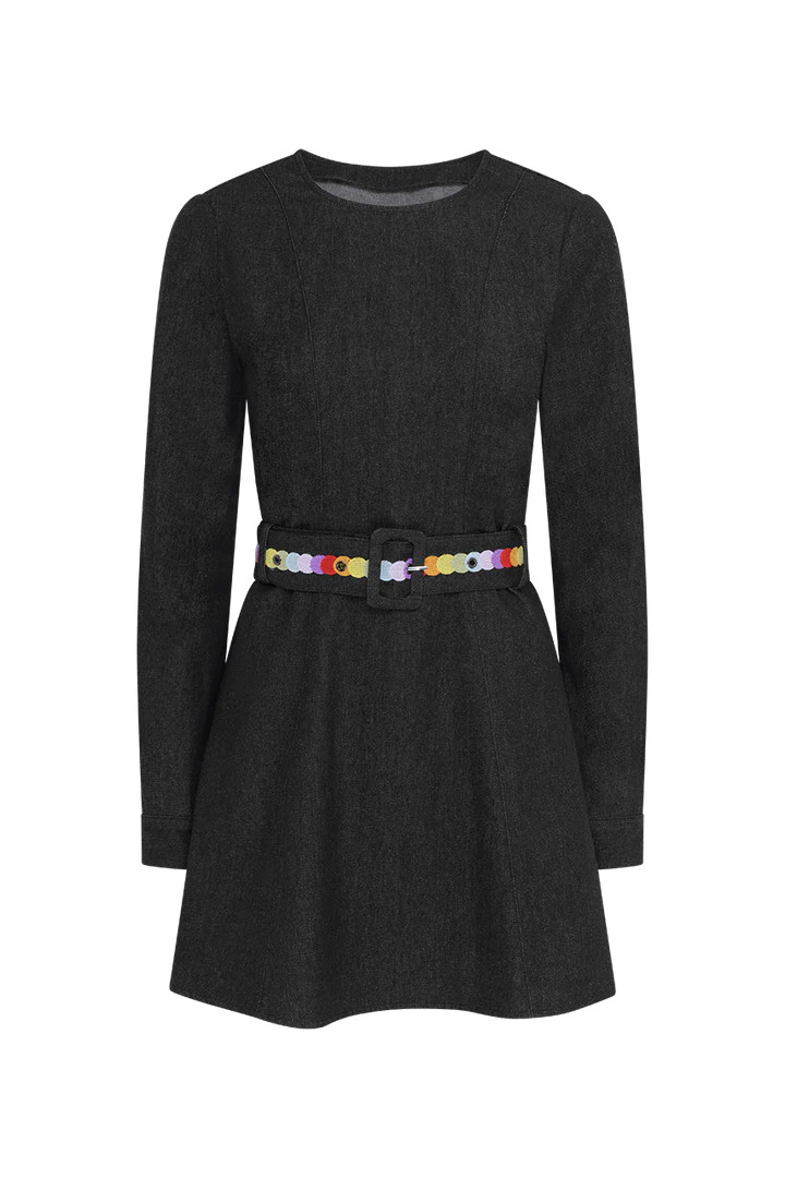 Paola Black Denim Embroidered Belt Mini Dress | Olivia Rubin