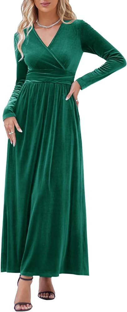 OUGES Women's Long/Short Sleeve V-Neck Wrap Waist Maxi Dress | Amazon (US)