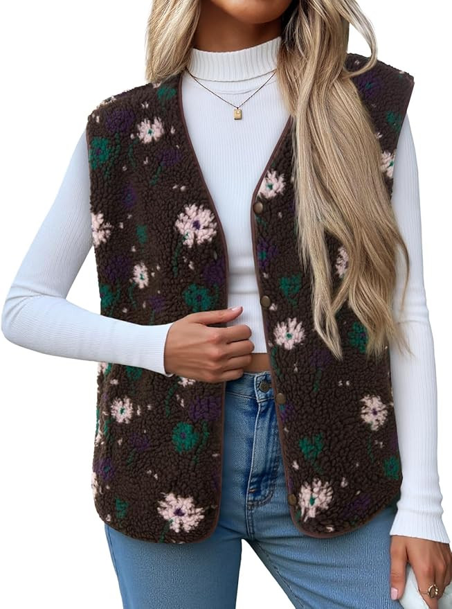 Cicy Bell Womens Fuzzy Fleece Vest Fall Floral Sleeveless Sherpa Jacket Lightweight Button Down W... | Amazon (US)