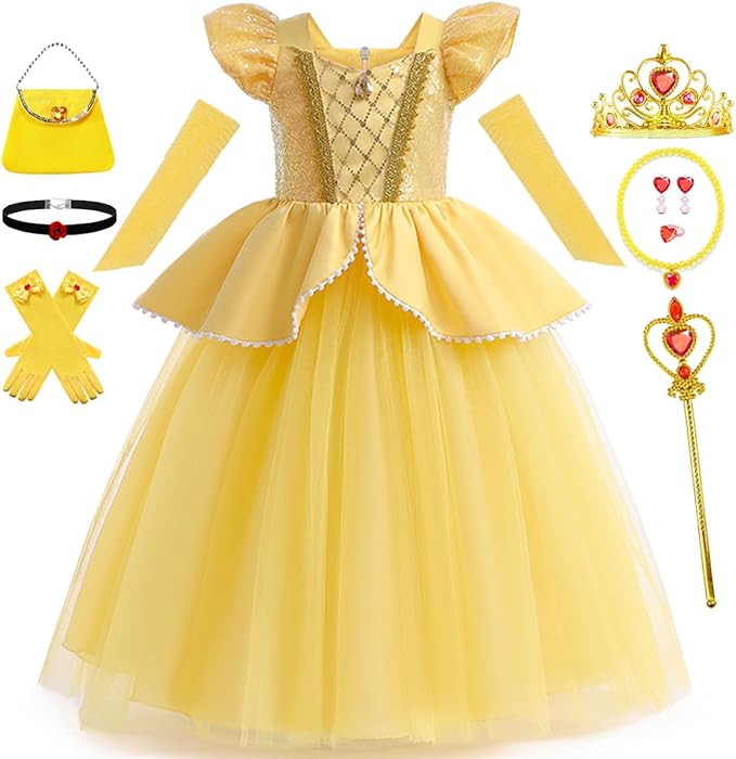 Belle Costume for Girls Yellow Princess Dress up Halloween Birthday Party Cosplay Outfits with Ac... | Amazon (US)