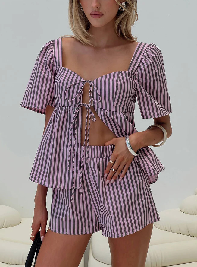 Two Young Hearts Tie Up Set Pink / Brown Stripe | Princess Polly US