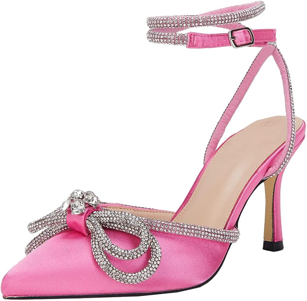 Women's Double Bow Pointed Toe Ankle Strap Crystal Pumps Wedding Bridal Party Stilettos Backless Sat | Amazon (US)