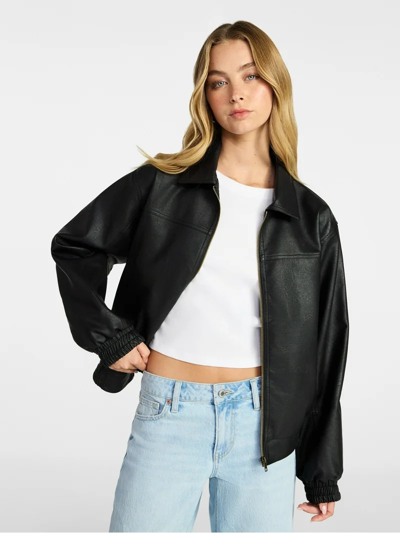 No Boundaries Relaxed Fit Faux Leather Jacket, Women's XXS-XXL | Walmart (US)