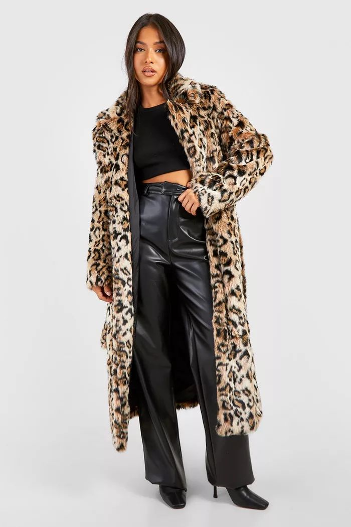 Petite Belted Leopard Faux Fur Maxi Coat | boohoo (US & Canada)