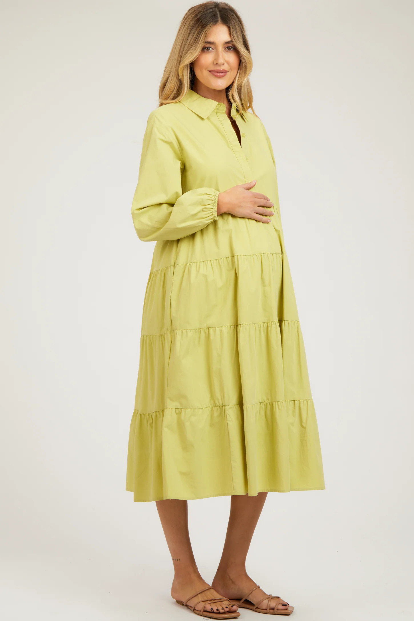 Lime Tiered Collared Maternity Midi Dress | PinkBlush Maternity